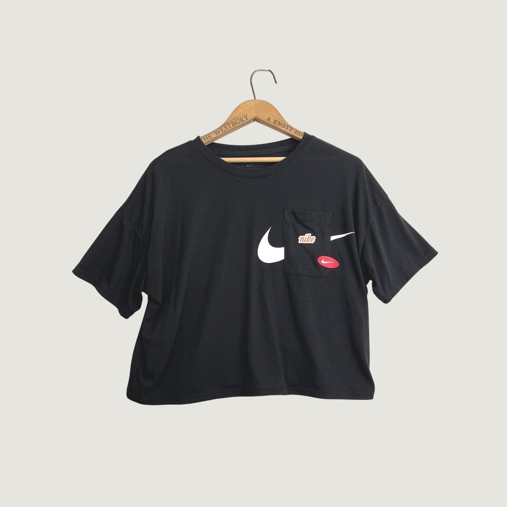Nike Womens Dri-FIT Multi-Logo Pocket Cropped T-Shirt Black Size M